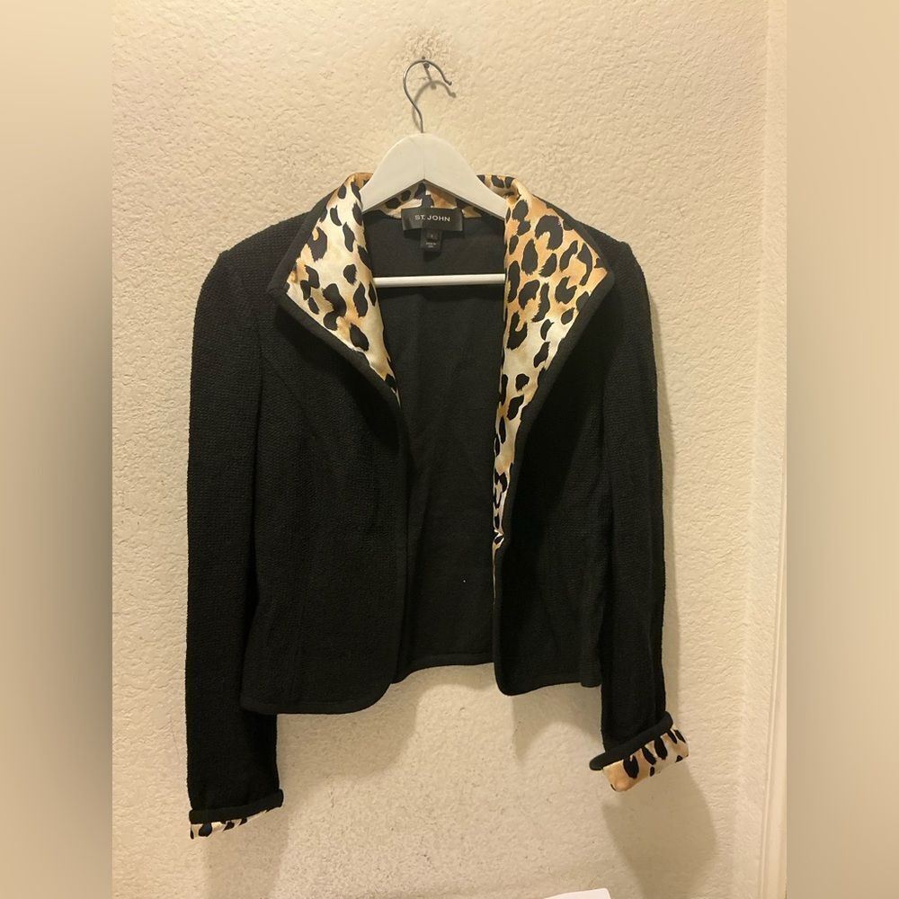 St. John Black Blazer with Leopard Print Details